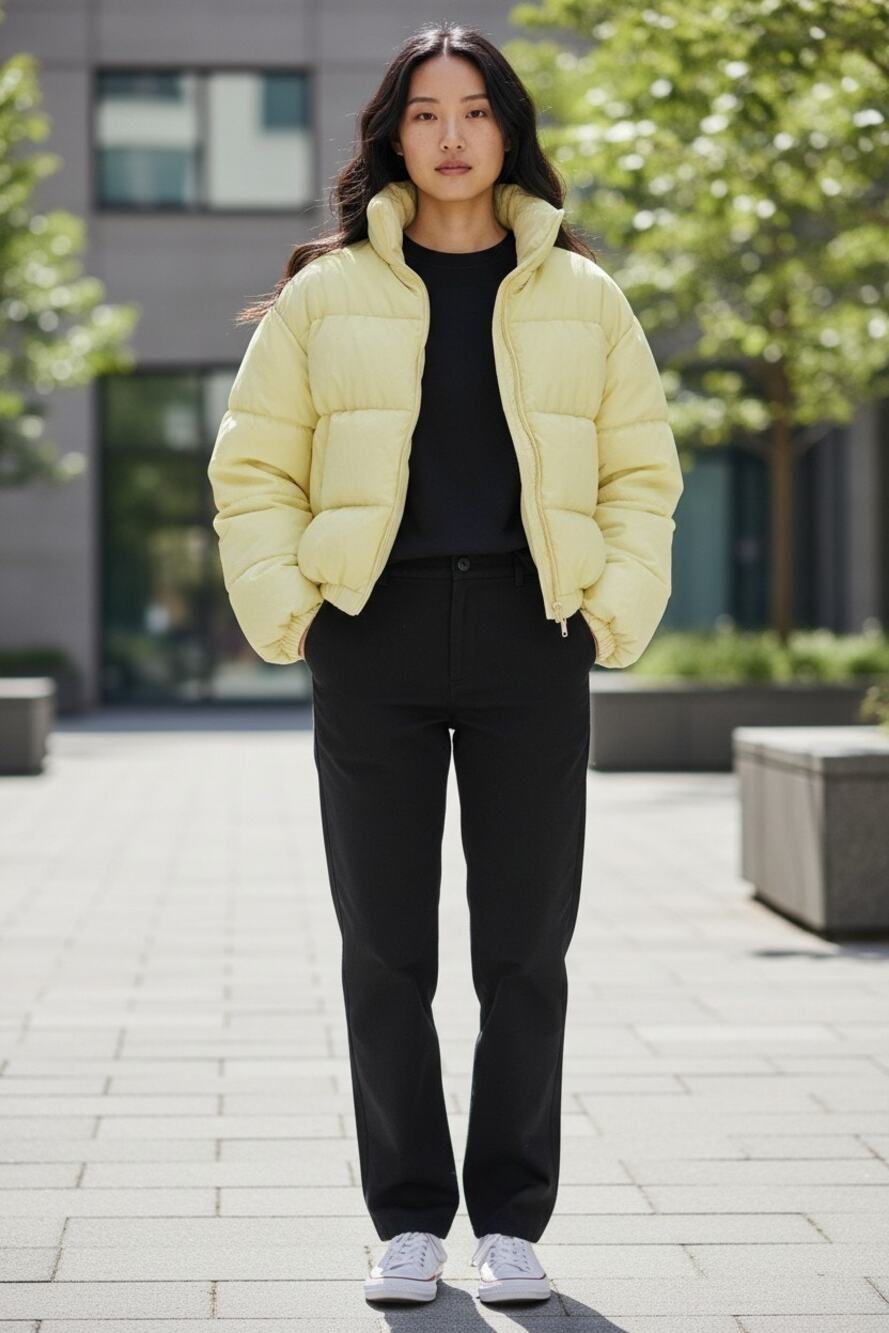 JoyLab Loose-Fit Oversized Quilted Puffer Jacket Color:Lemon Yellow Size: Small